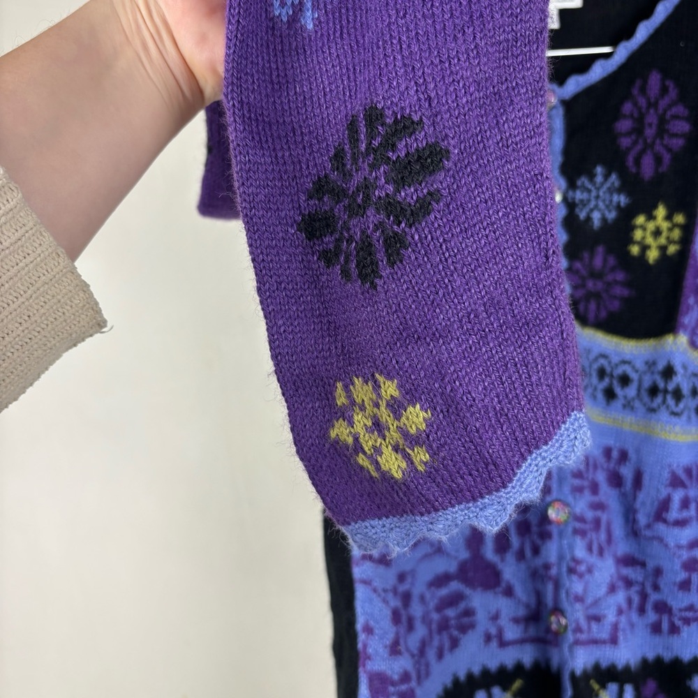 Alpaca Imports Wool Blend Button Front Cardigan L Purple Black Nordic Artsy - Picture 7 of 14